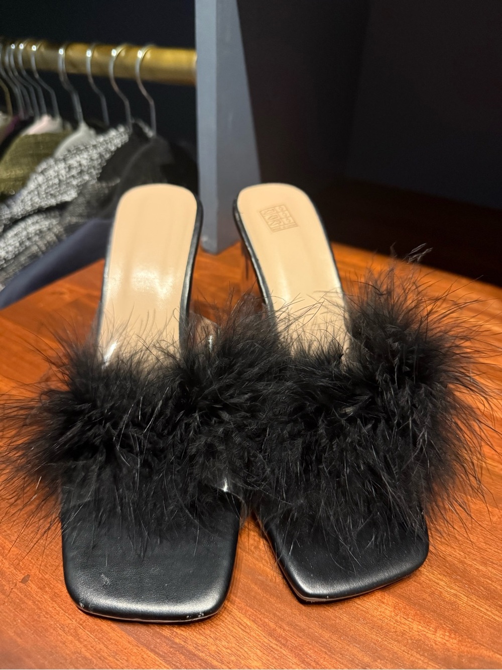 Black Feather Slide Heels - Women's Elegant Mule